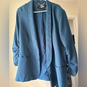 DKNY Blue Teal Open-Front Ruched-Sleeve Blazer Jacket